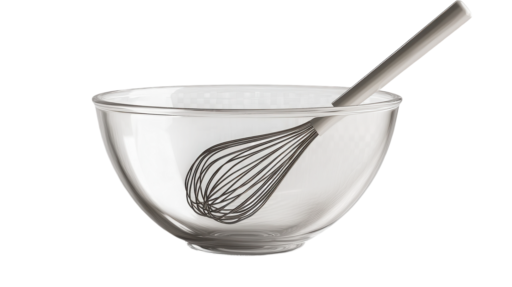 Clear glass mixing bowl with a stainless steel whisk resting inside, perfect for cooking and baking preparations at home. png