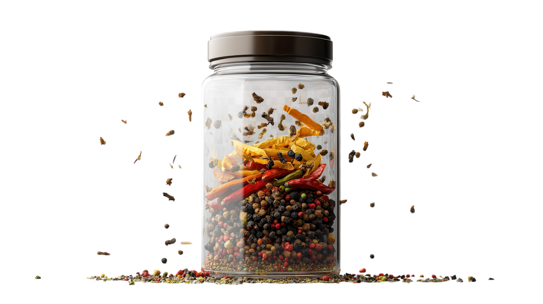 A dynamic display of various spices bursting from a glass jar against a transparent background, showcasing vibrant colors and textures. png