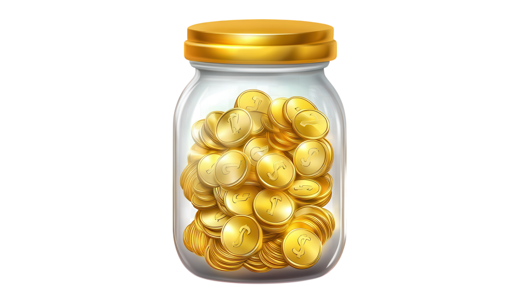 A jar filled with shiny gold coins reflecting light, placed on a neutral backdrop to emphasize the gleaming surfaces and details. png