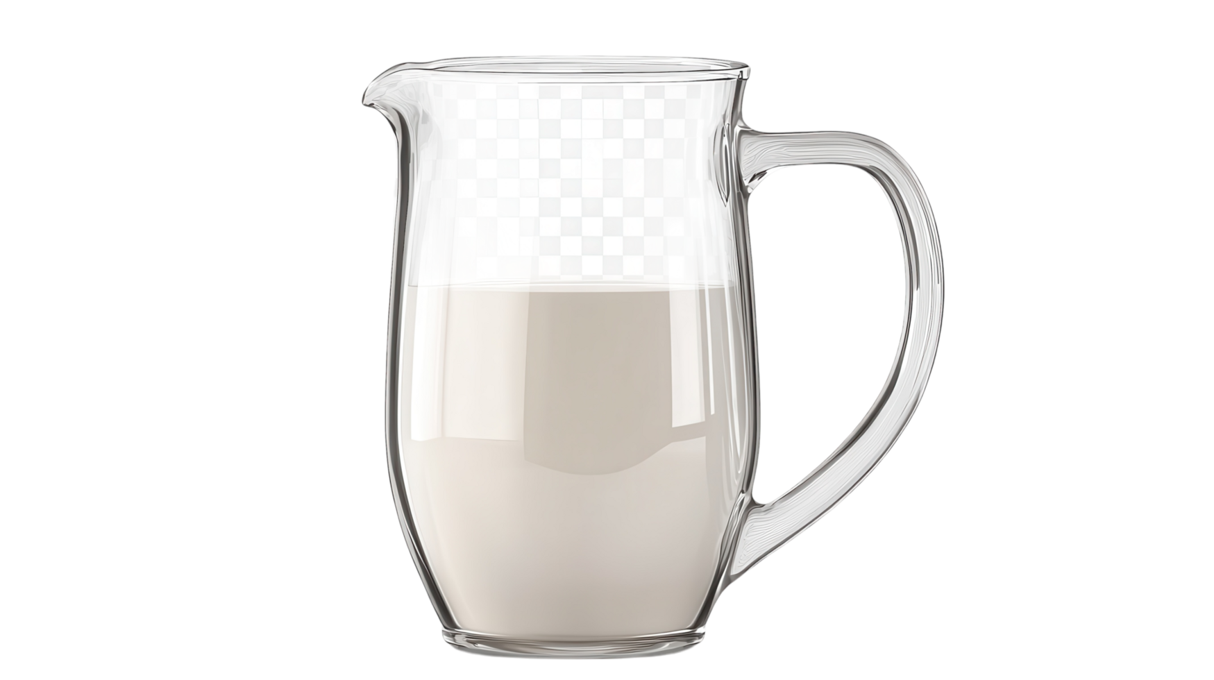 A clear glass pitcher filled with fresh white milk on a transparent background for culinary or beverage presentations. png