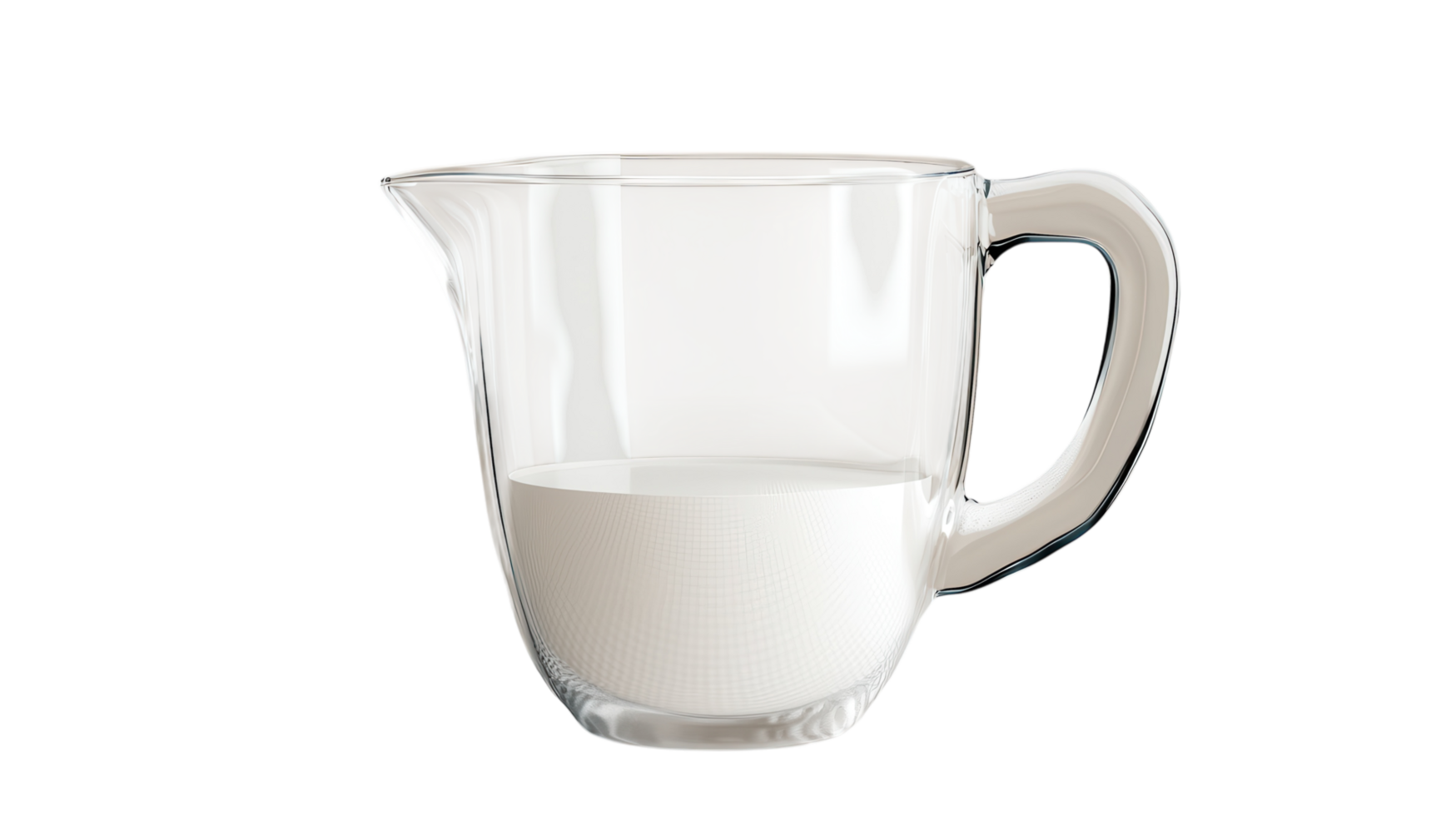 Clear glass measuring cup filled with fresh milk on a transparent background placed in a kitchen setting. png