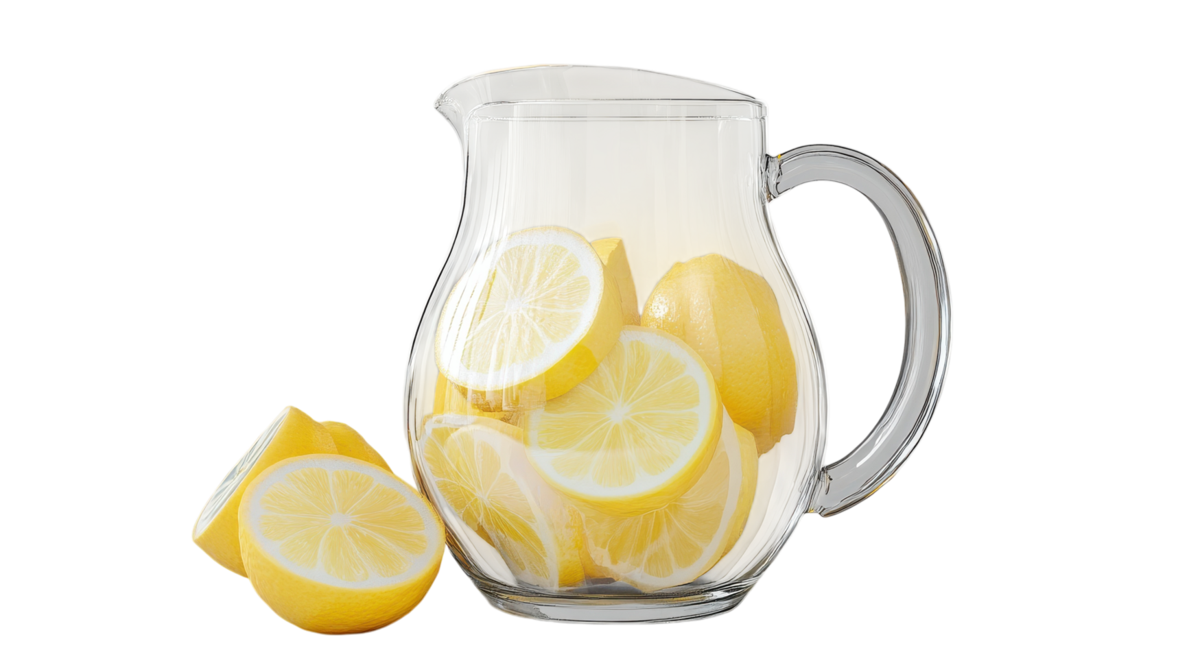 A clear glass pitcher filled with fresh lemon slices ready for a refreshing beverage in a bright kitchen setting. png