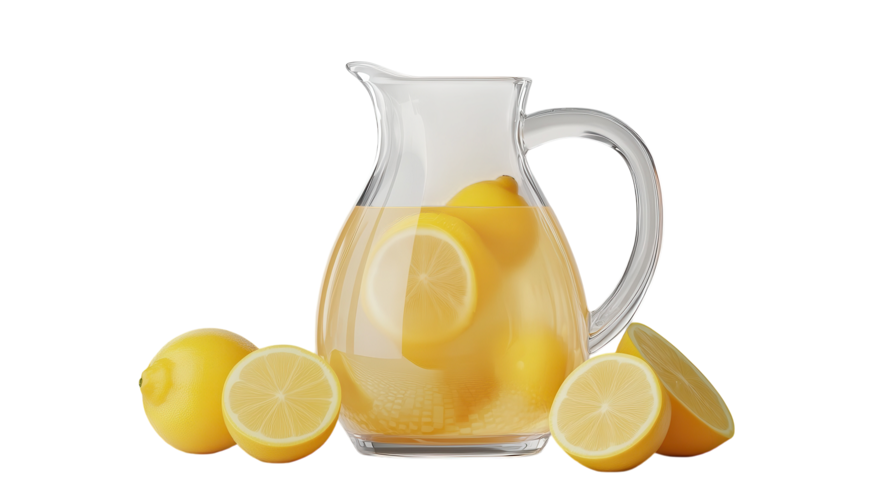 Refreshing lemon pitcher filled with sliced lemons and fresh juice on a light background for a sunny day picnic or gathering. png