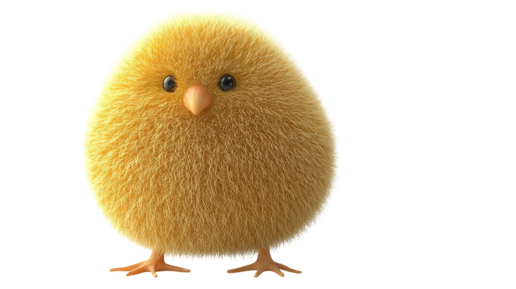 Cute, fluffy yellow chick standing on a transparent background, showcasing its round shape and bright features in a playful pose. png