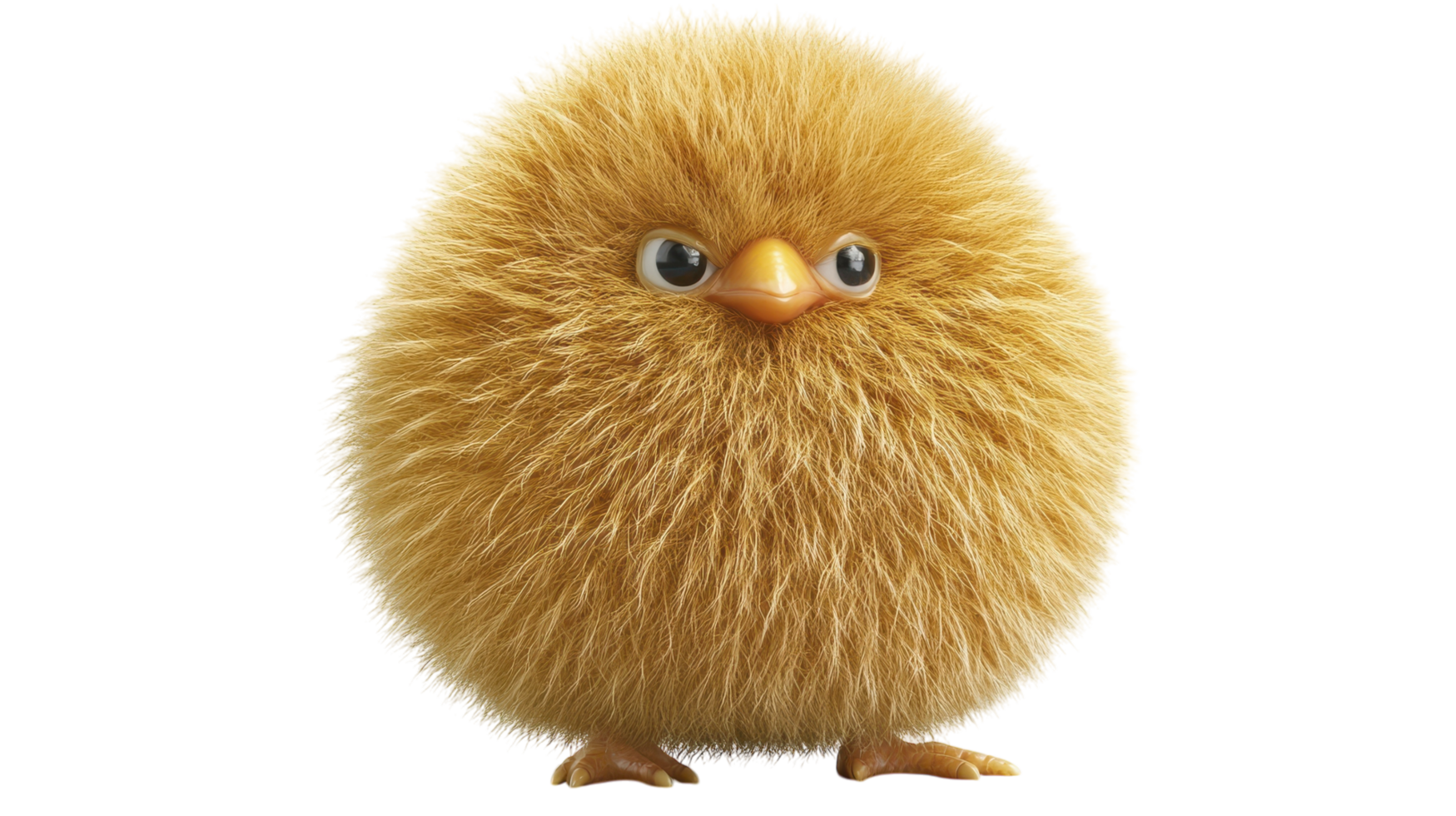 Fluffy round yellow chick with big eyes standing on a transparent background looking curious. png