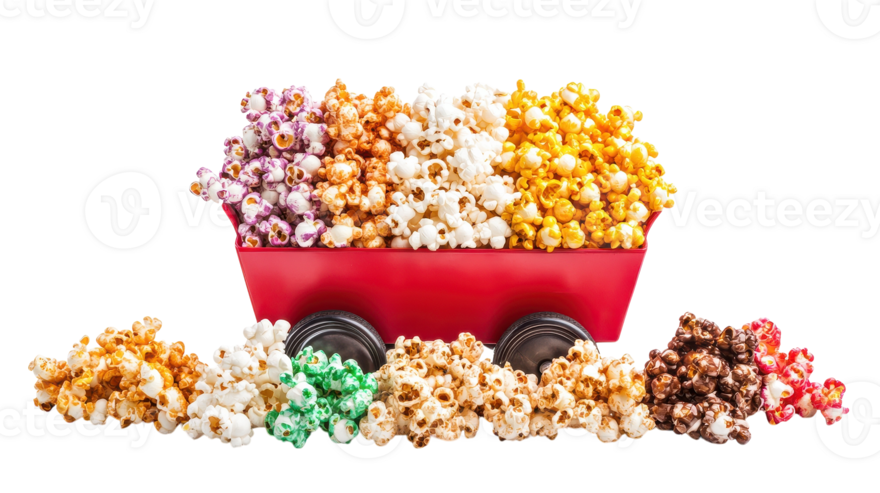 Colorful assortment of gourmet popcorn varieties in a red cart on a white background. png