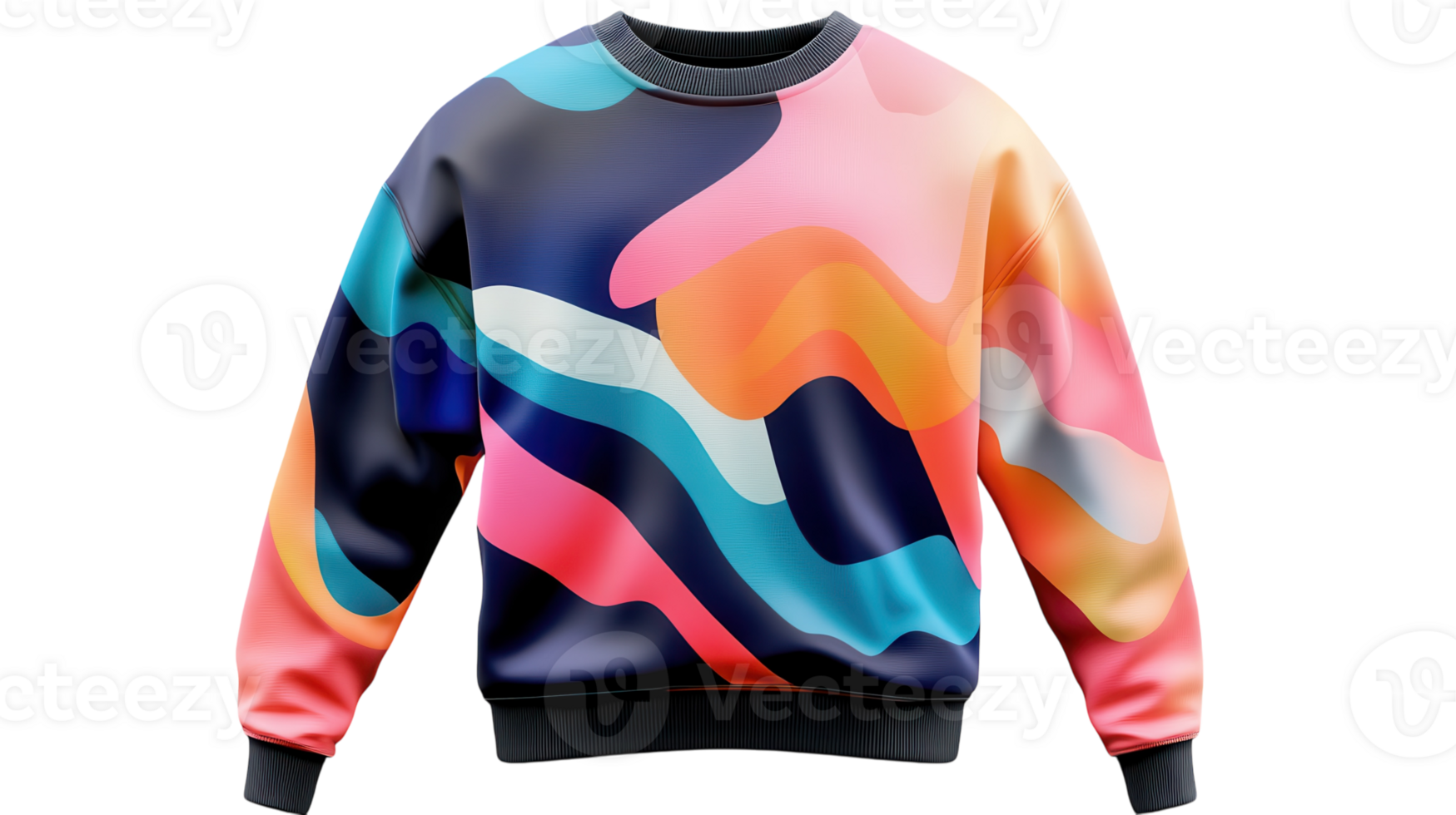 Colorful abstract sweatshirt with unique design displayed on a transparent background in a studio setting. png