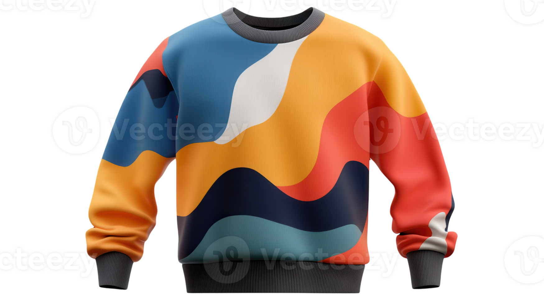 Modern abstract sweater design featuring vibrant colors and fluid shapes, perfect for casual wear or fashion displays. png
