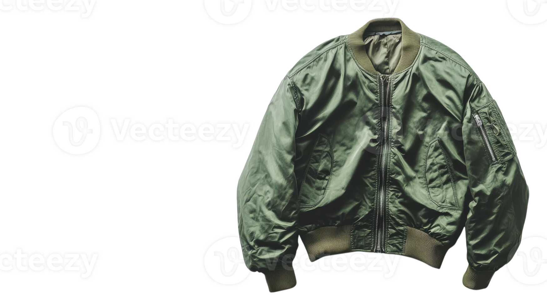 Stylish green bomber jacket displayed on a transparent background, showcasing its design and texture details for fashion enthusiasts. png