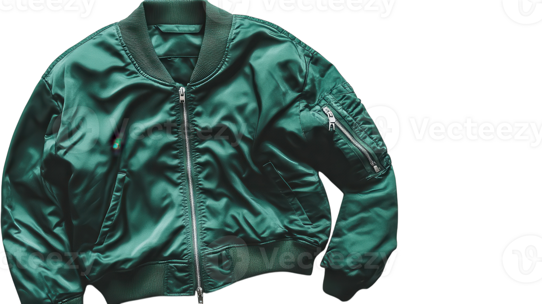 Green bomber jacket displayed on a neutral background, showcasing its design and zipper details for fashion enthusiasts. png