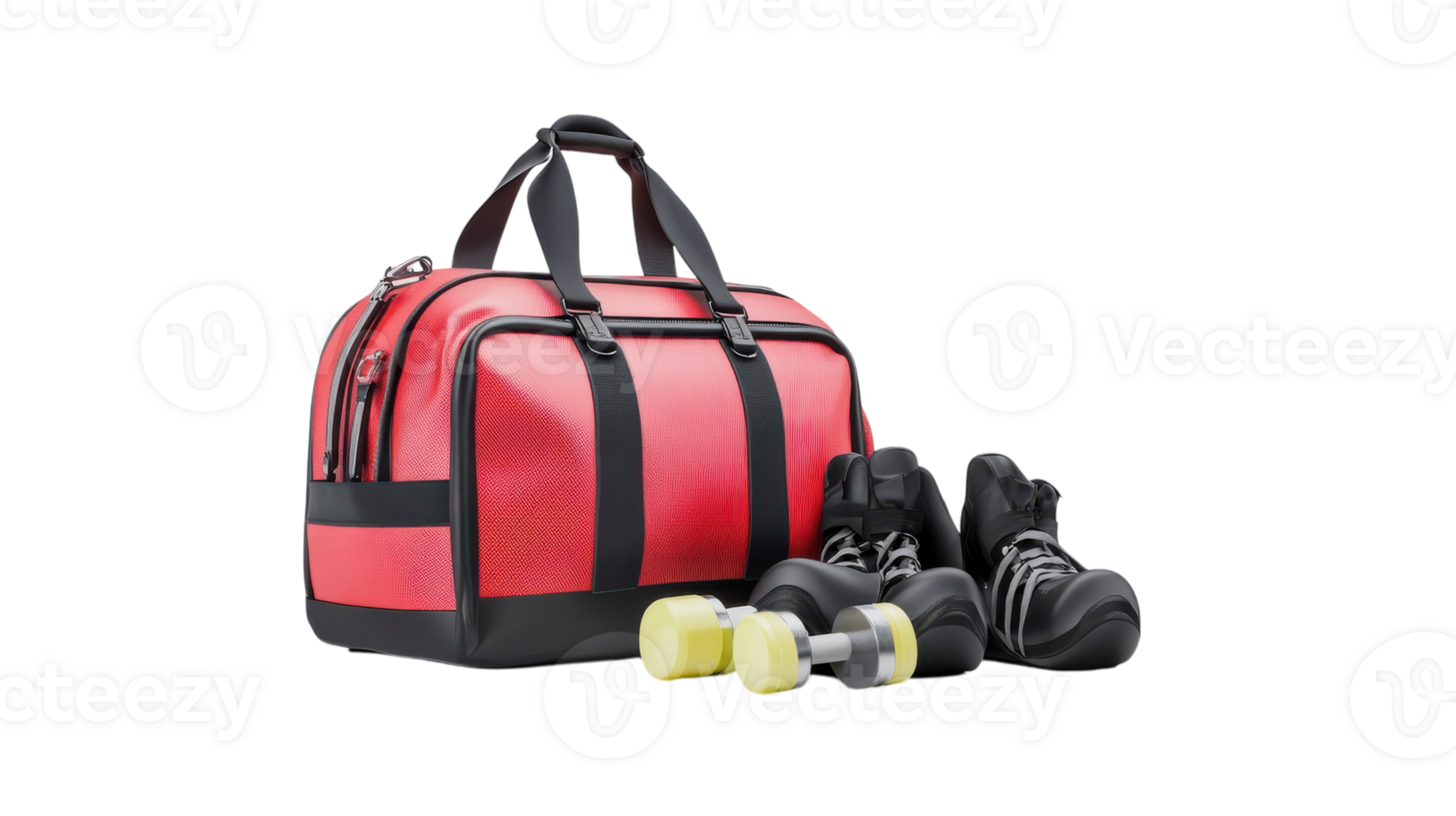 A vibrant red gym bag accompanied by dumbbells and athletic shoes, perfect for a workout or fitness session at the gym. png