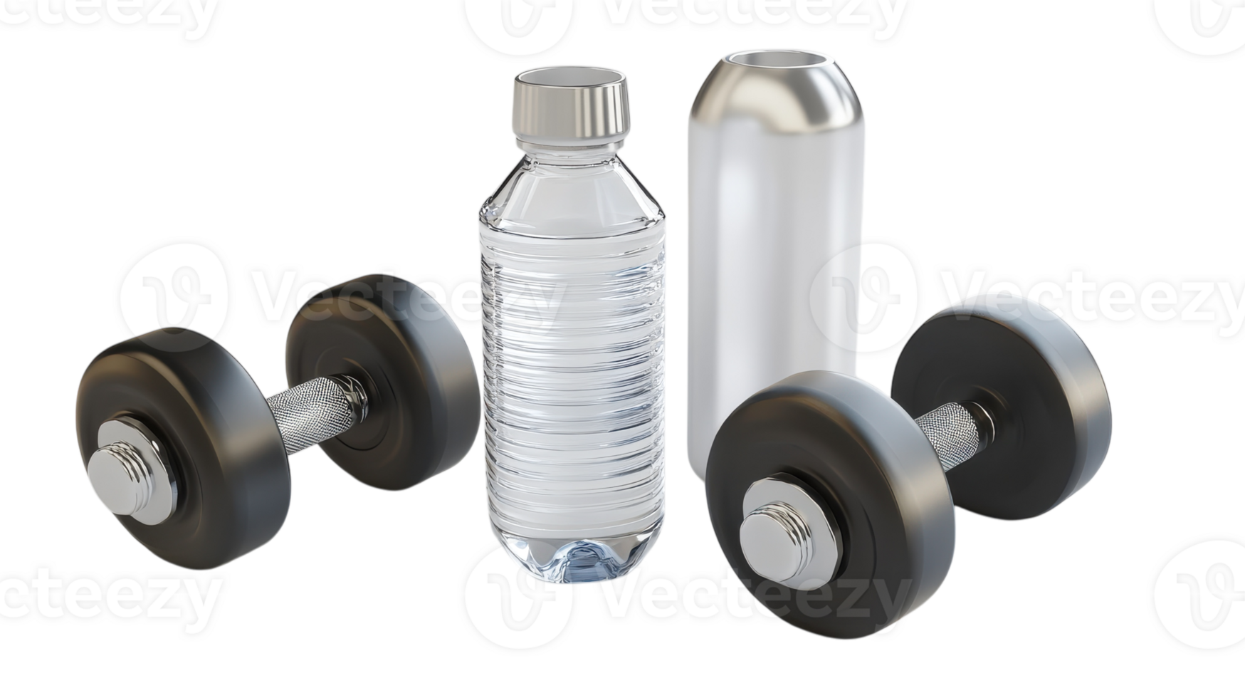 Dumbbells and water bottles placed on a transparent background for fitness and health-related concepts. png