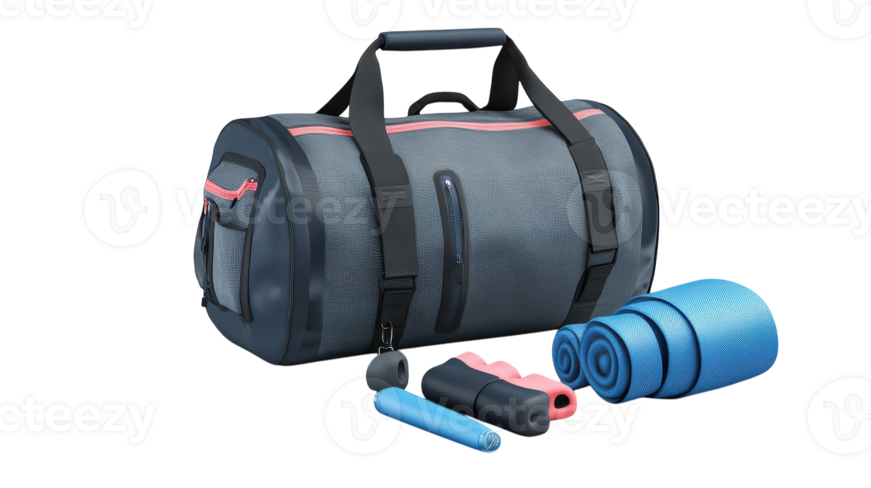 A versatile gym bag with yoga mats and fitness gear on a transparent background suitable for various activities. png