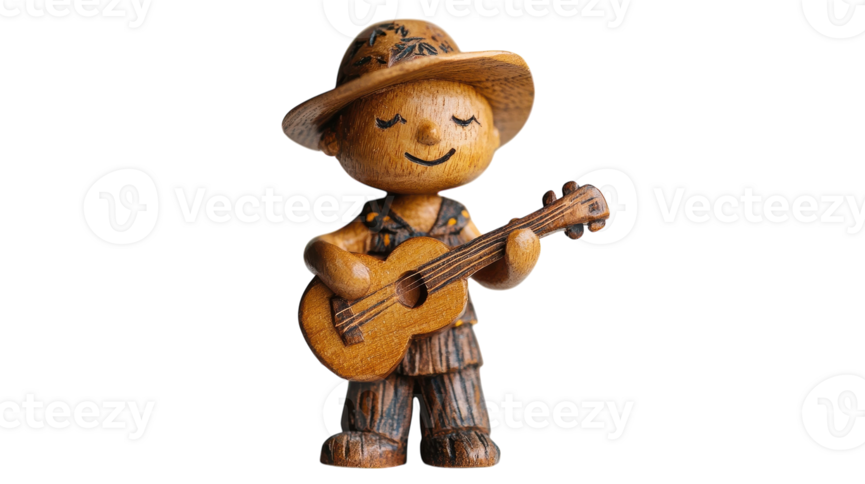 Wooden figurine of a smiling musician in a straw hat playing guitar, showcasing craftsmanship and artistry in a cheerful pose. png