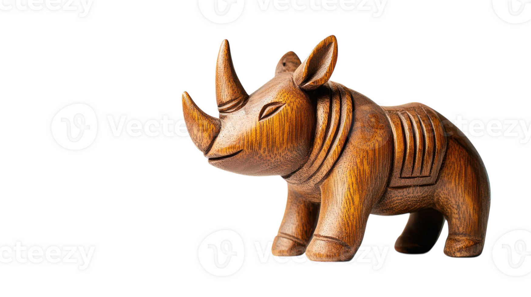 Wooden carving of a rhinoceros displayed on a clear background, showcasing intricate details and craftsmanship in design. png