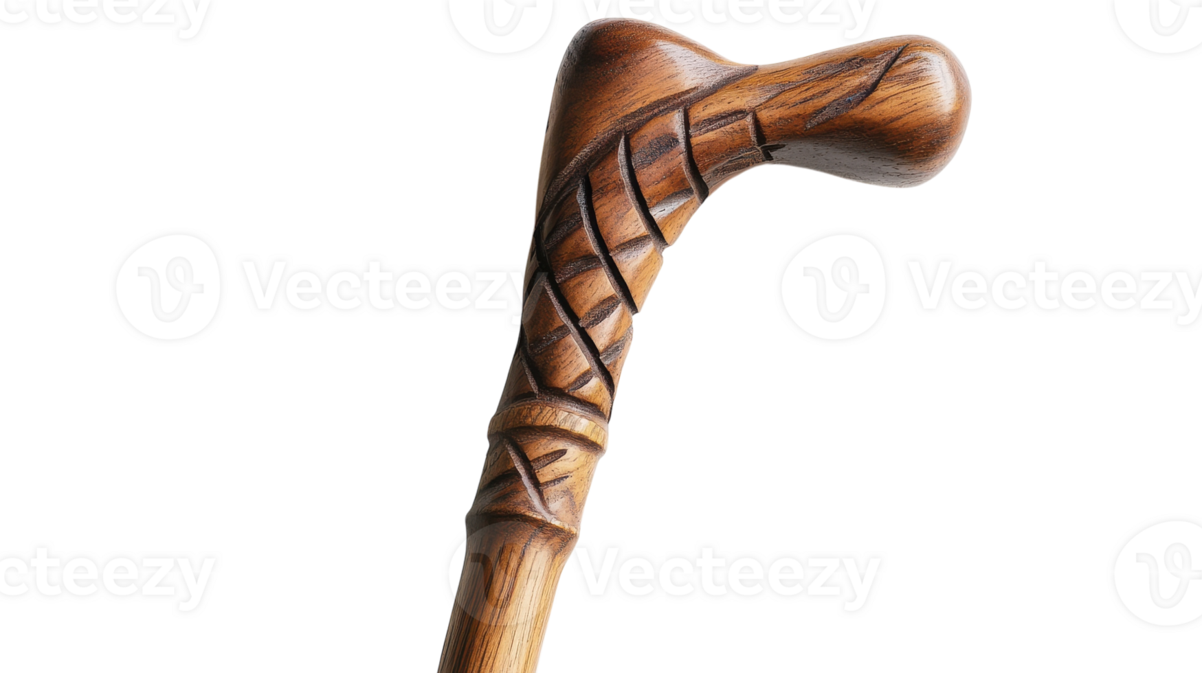 Intricately carved wooden walking stick with detailed designs against a transparent background. png