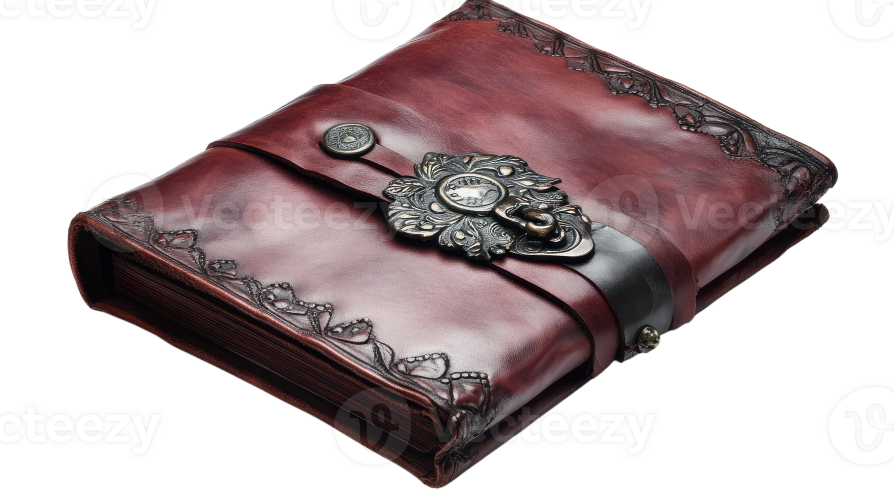 A beautifully crafted vintage leather journal with ornate detailing and a unique clasp design on a neutral background. png