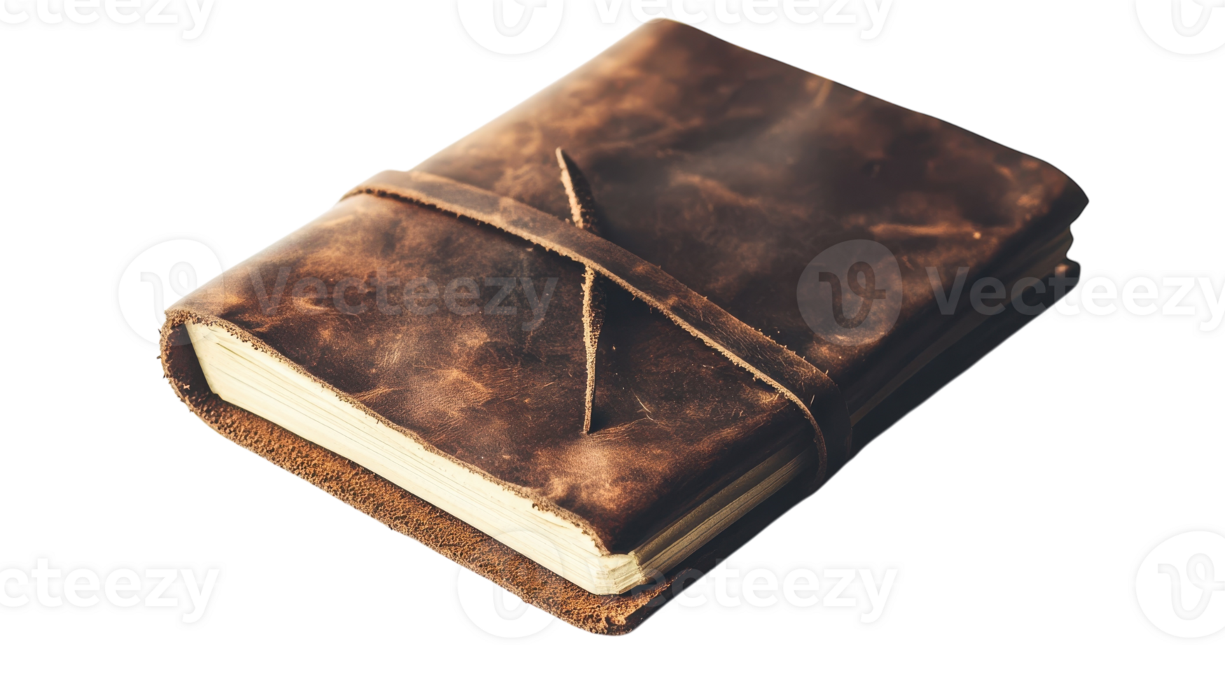 A worn leather journal resting on a surface, showcasing its texture and bindings, perfect for writing reflections or stories. png