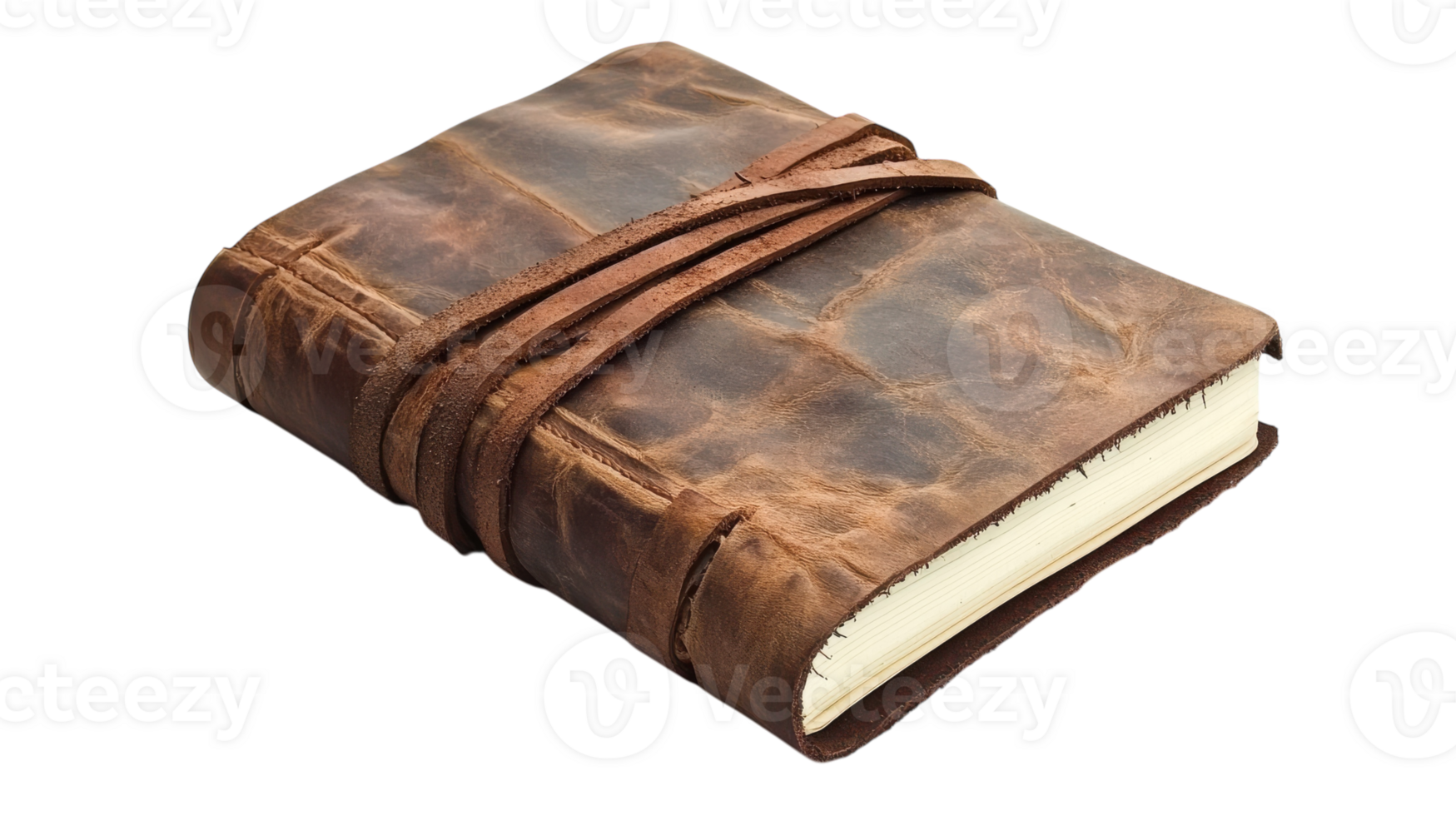 A beautifully crafted leather-bound journal resting on a neutral background with elegant stitching and a delicate strap for closure. png
