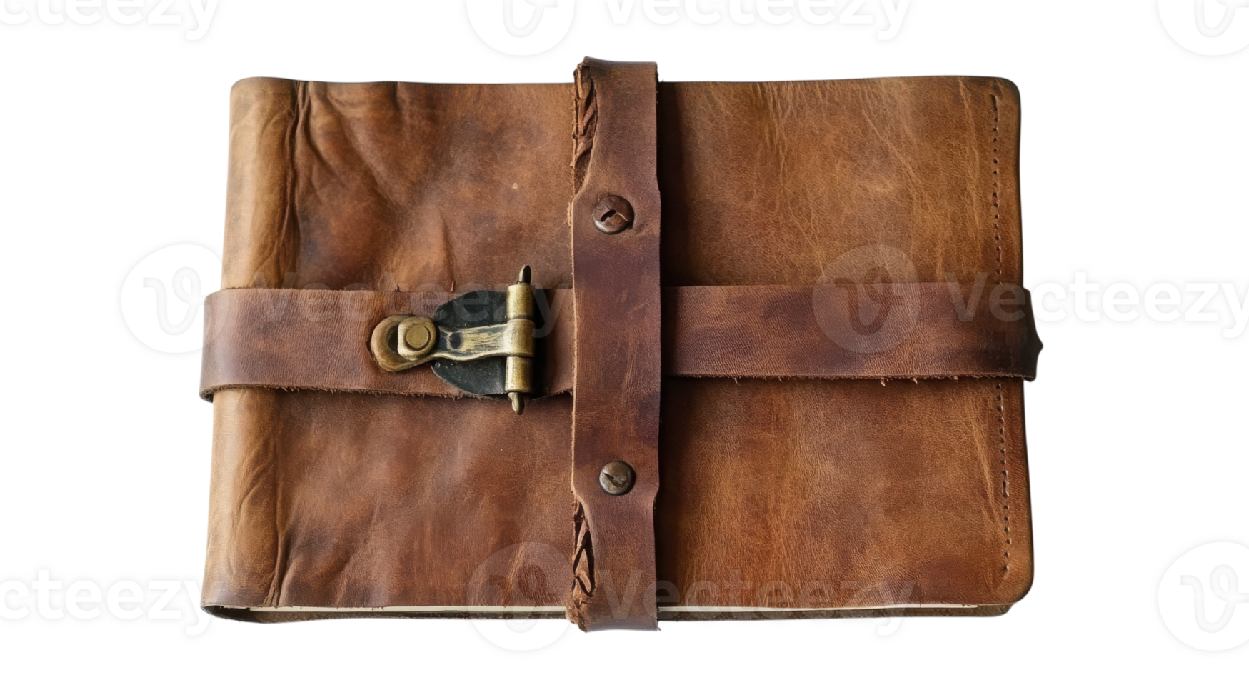 Leather bound journal with metal clasp resting on a plain background, showcasing rustic craftsmanship and vintage design features. png