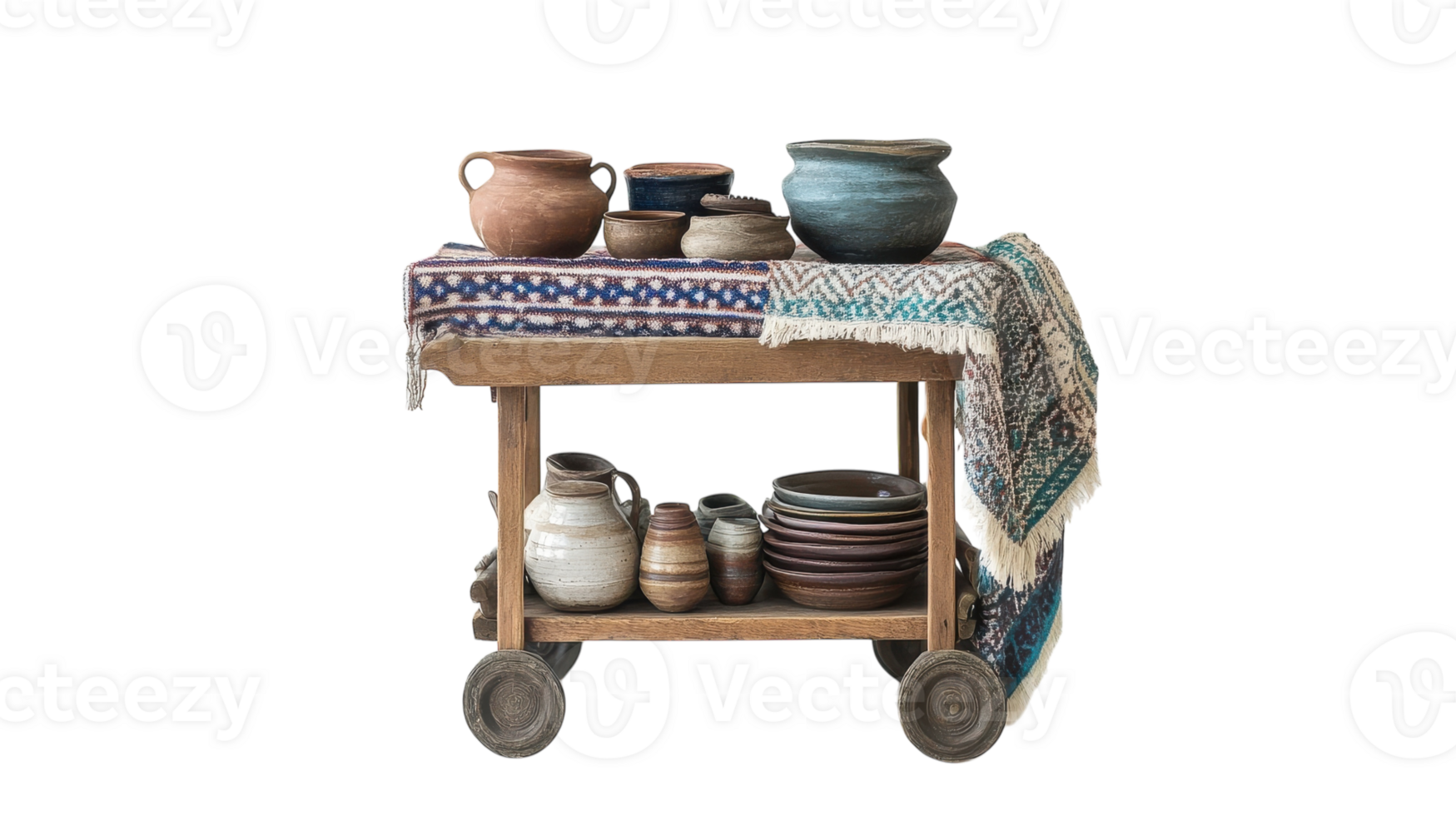 A rustic wooden cart displaying handcrafted pottery and ceramic dishes adorned with a vibrant textile, showcasing artisan craftsmanship. png