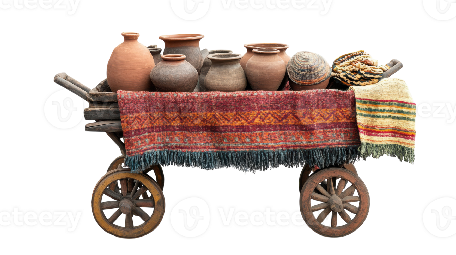 Traditional wooden cart filled with clay pots, textiles, and woven baskets displayed outdoors in a cultural market setting. png