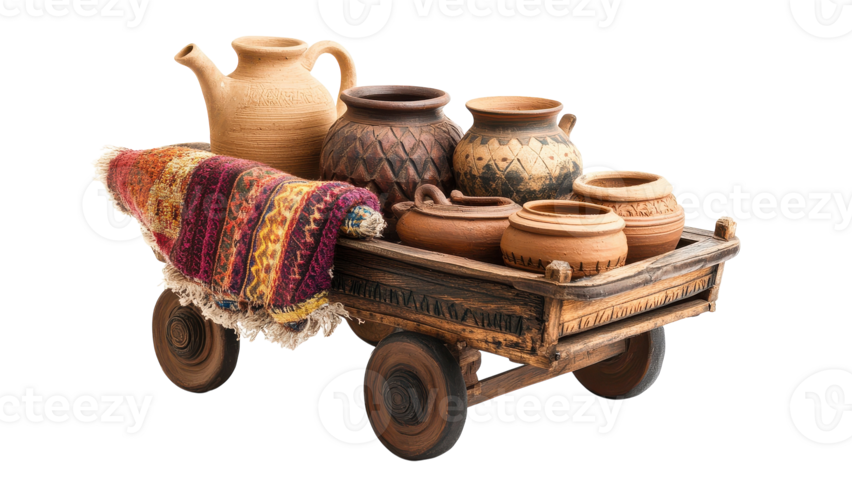 Traditional wooden cart adorned with pottery and textiles showcasing craftsmanship and culture. png