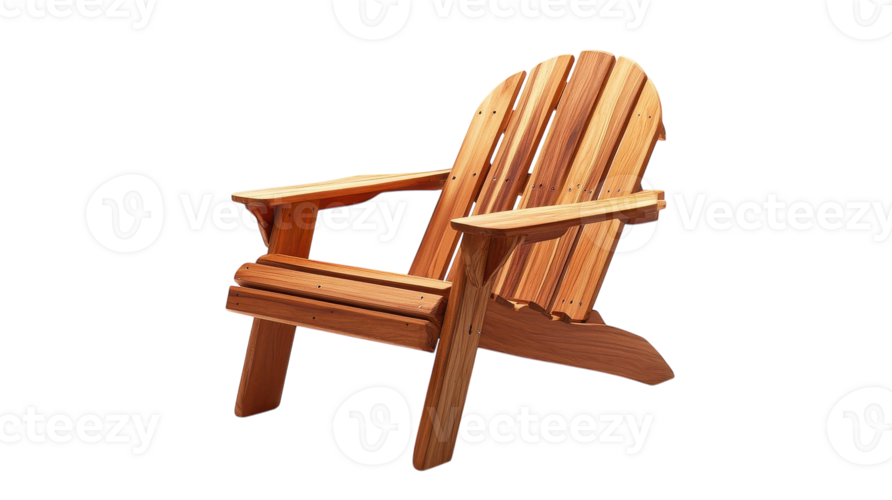 Classic wooden Adirondack chair designed for outdoor relaxation or garden use, showcasing its unique slatted structure and warm wood tones. png
