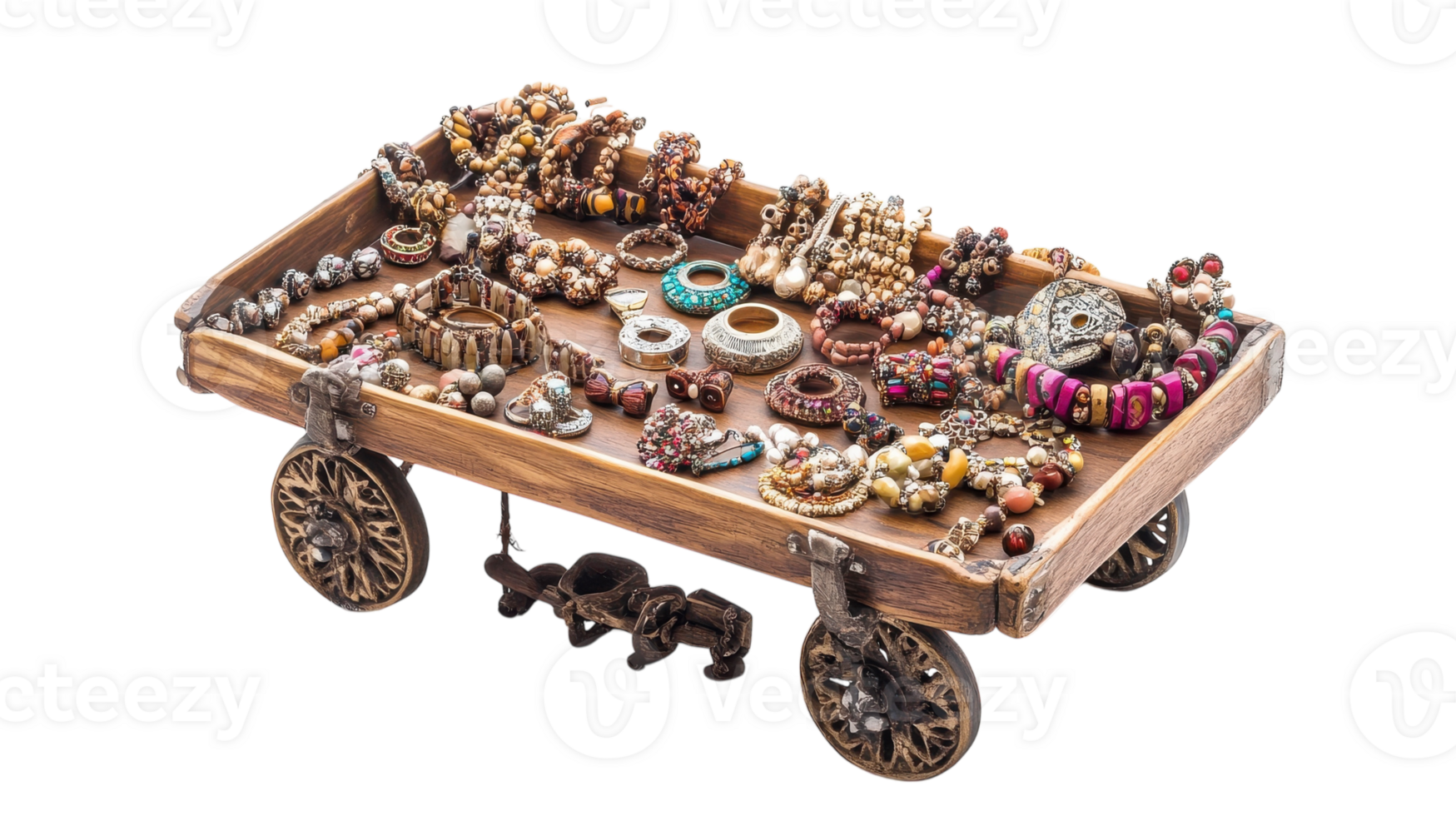 A rustic wooden cart filled with assorted handmade jewelry displayed for sale at a market. png