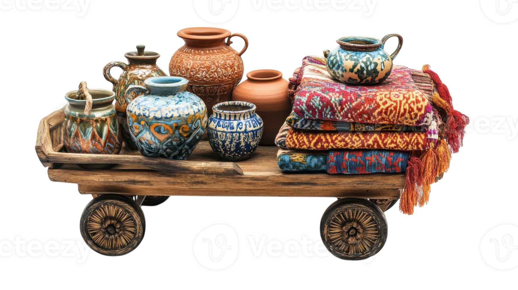 Decorative cart filled with colorful pottery and textiles showcased in a vibrant display. png
