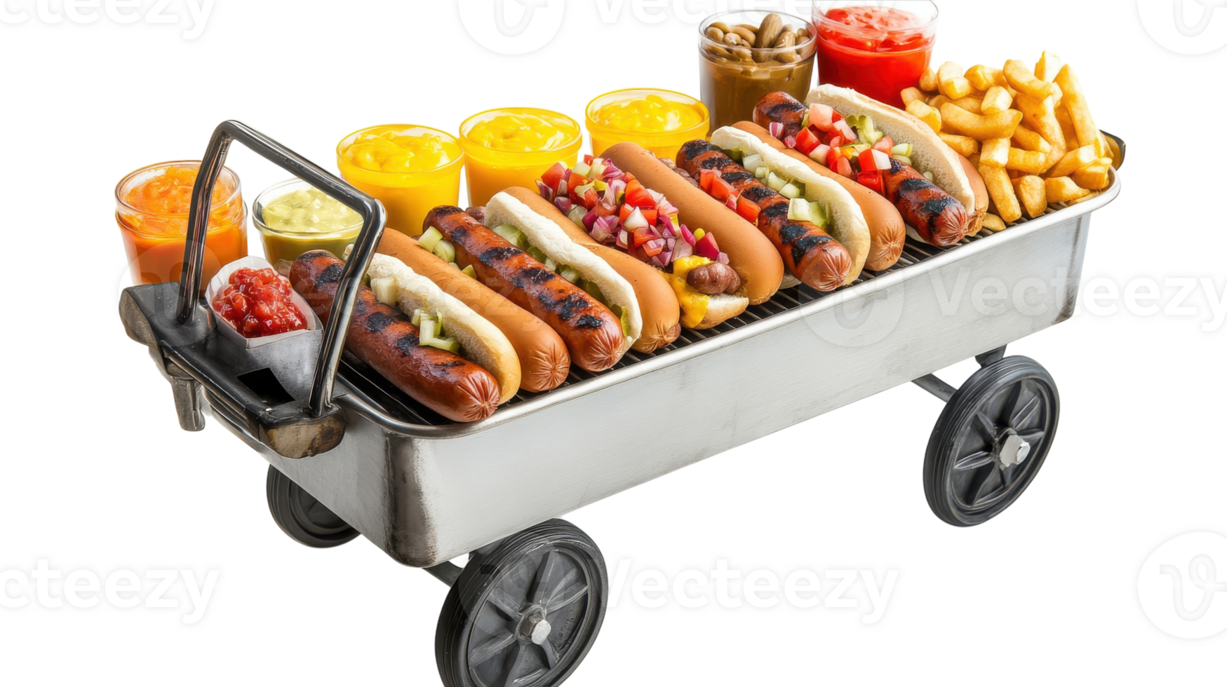 A Vibrant Hotdog Cart Featuring a Selection of Condiments Alongside a Welcoming Warm Grill Perfect for Street Food Enthusiasts. png