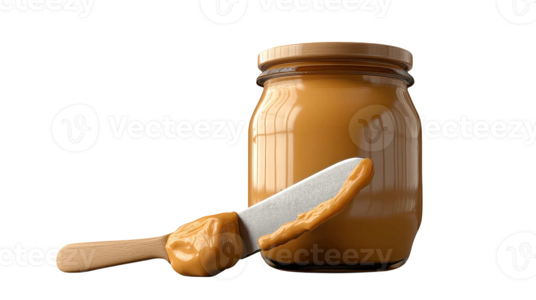 A jar of creamy peanut butter with a knife resting inside, perfect for showcasing delicious spreads or kitchen essentials, ideal for food blogs and cooking demonstrations.. png