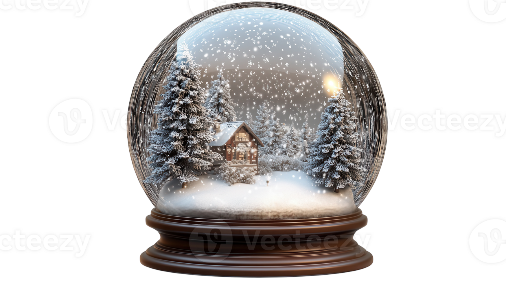 Intricate Snow Globe Featuring a Charming Winter Scene with Snow-Covered Trees and a Quaint Cabin Perfect for Holiday Decor. png
