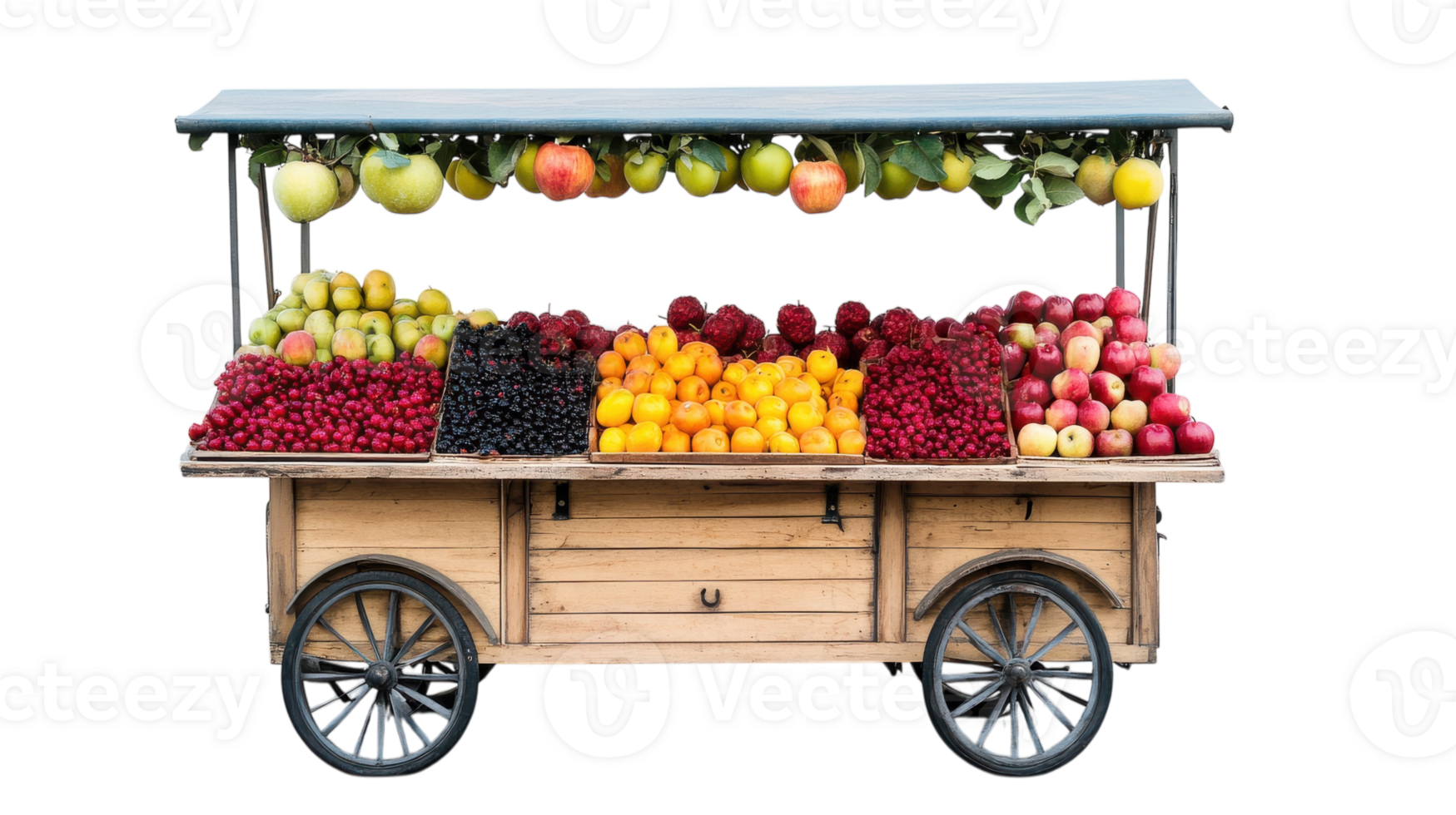 Colorful Mobile Fruit Stand Displaying a Variety of Fresh Fruits Perfect for Farmers' Markets and Healthy Lifestyle Promotions. png
