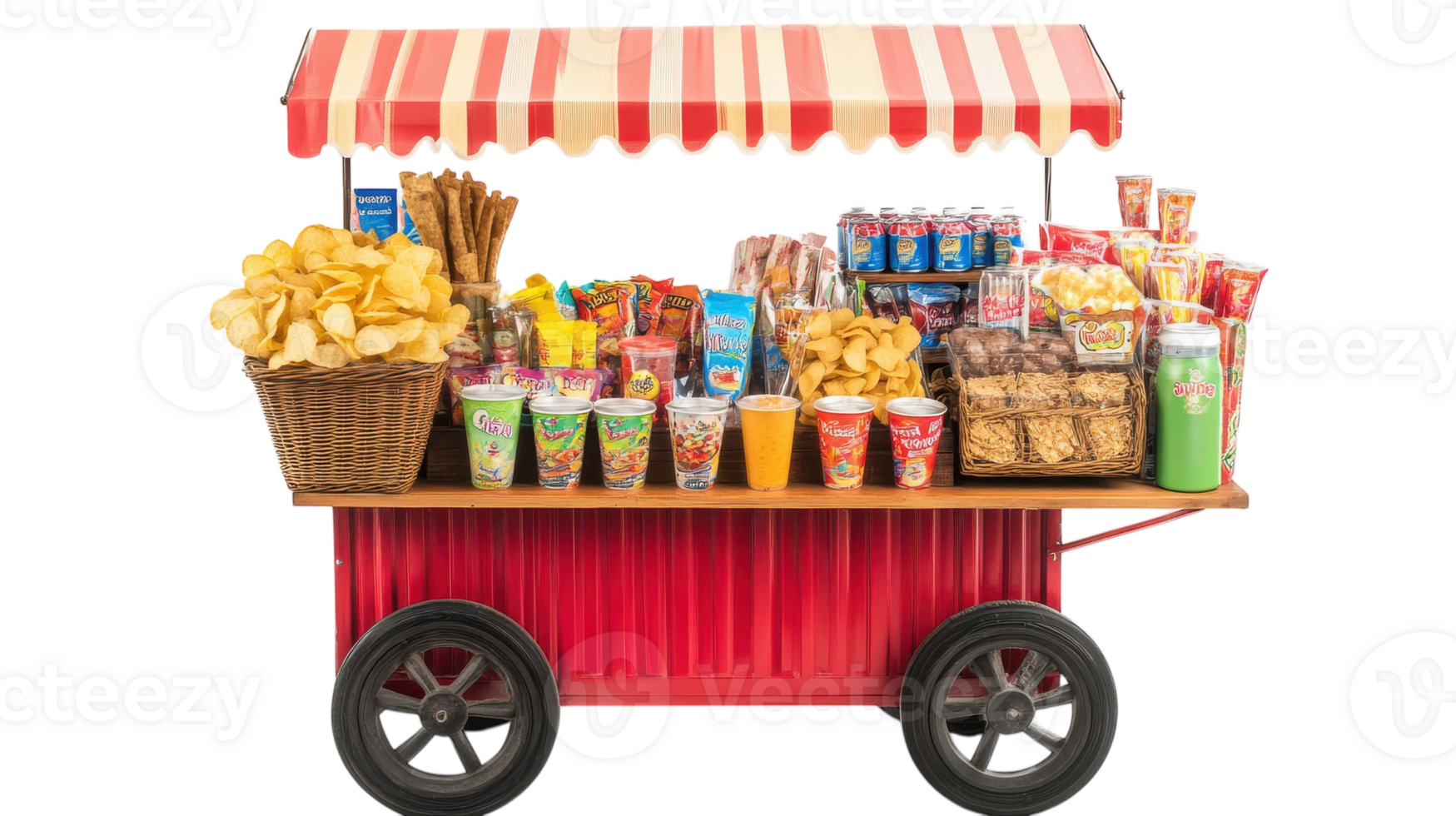 Mobile Snack Cart Filled with Assorted Chips, Candy Bars and Refreshing Beverages Perfect for Outdoor Events and Festivals. png