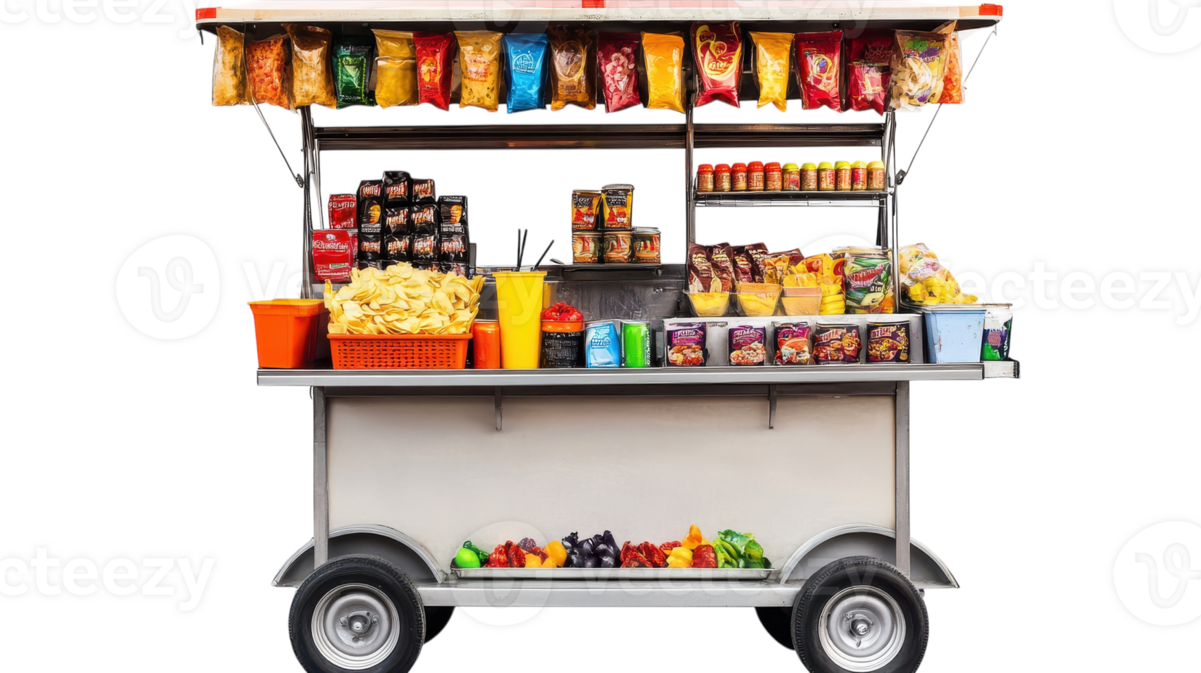 A Colorful Mobile Snack Cart Filled with Chips and Candy Bars Perfect for Outdoor Events and Gatherings. png
