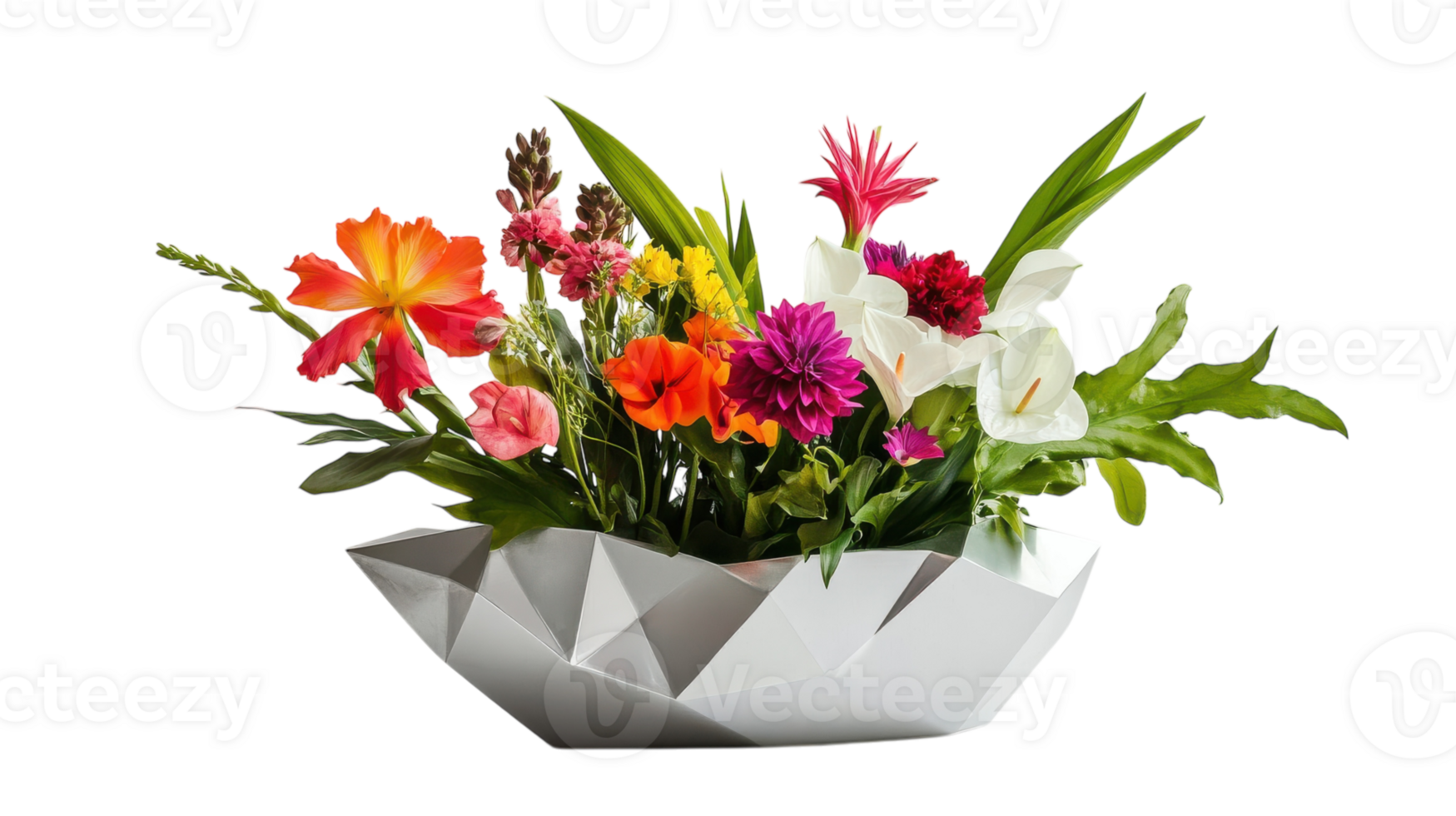 A modern geometric vase filled with bright flowers, perfect for home decor, interior design, or floral arrangements showcasing elegance and simplicity.. png