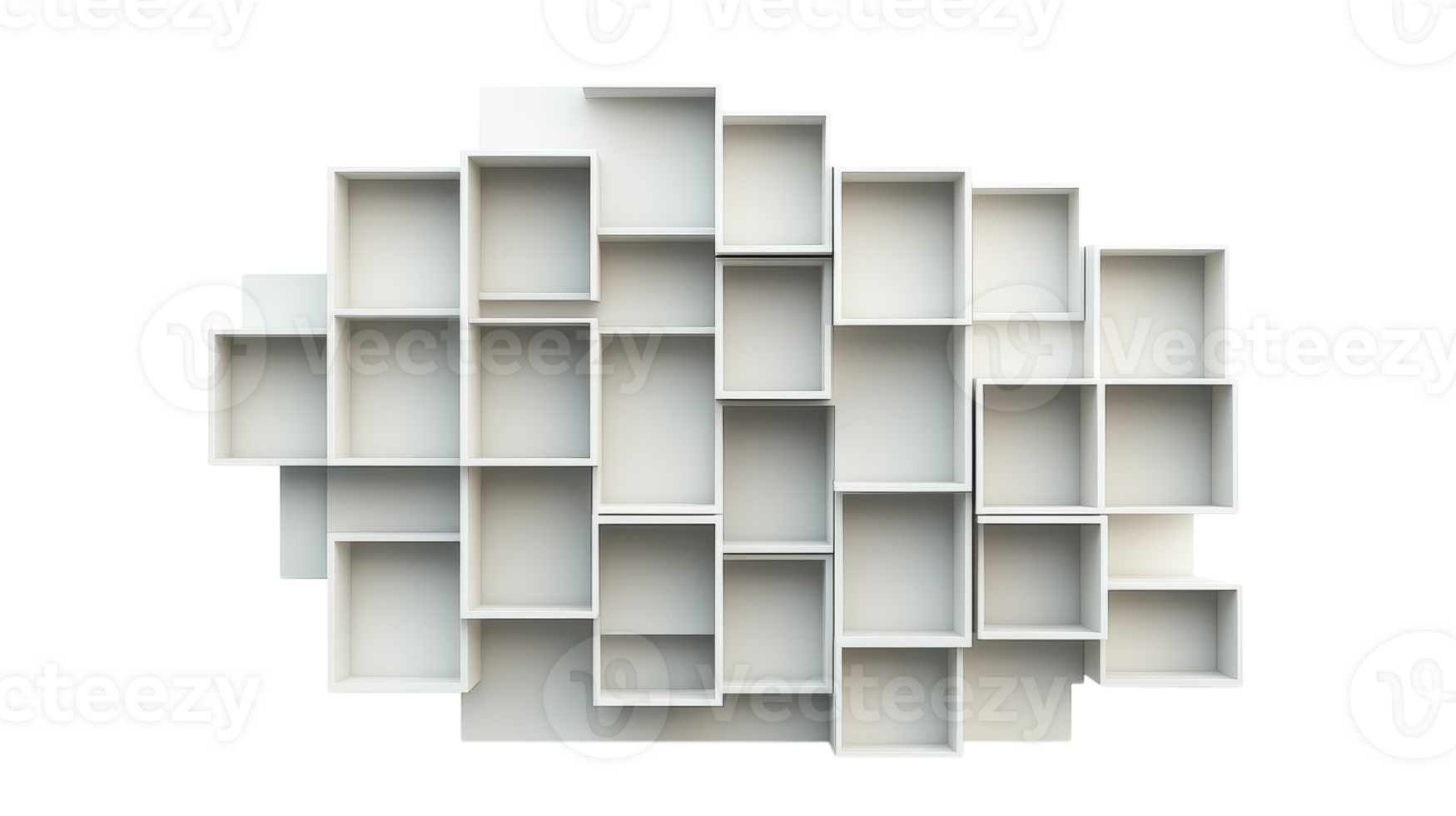 A white shelf with many different sized boxes png