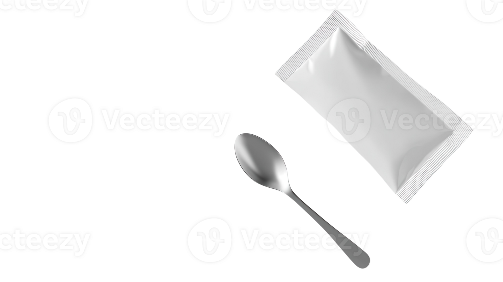 A Simple Yet Essential Image of a Packet of Sugar Alongside a Spoon on a White Background Perfect for Culinary and Kitchen-related Projects or Blogs. png