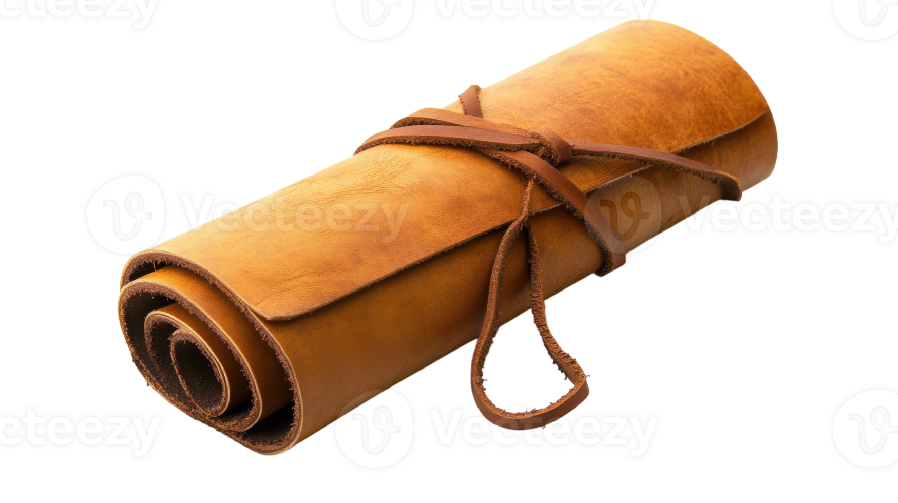 A beautifully crafted rolled up leather scroll tied with a leather strap, perfect for conveying a sense of ancient history and artistry in design work or vintage-themed projects.. png