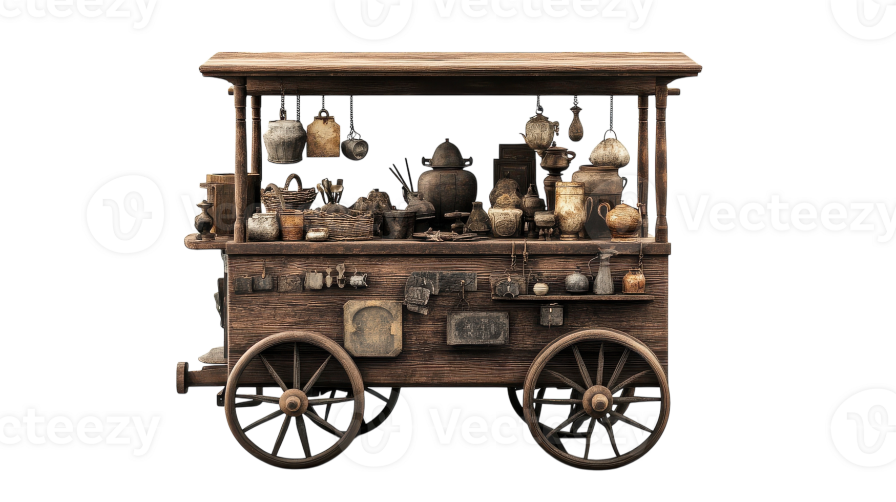 A rustic wooden cart selling antique items, showcasing a charming blend of nostalgia and craftsmanship, perfect for vintage-themed projects and marketing campaigns.. png