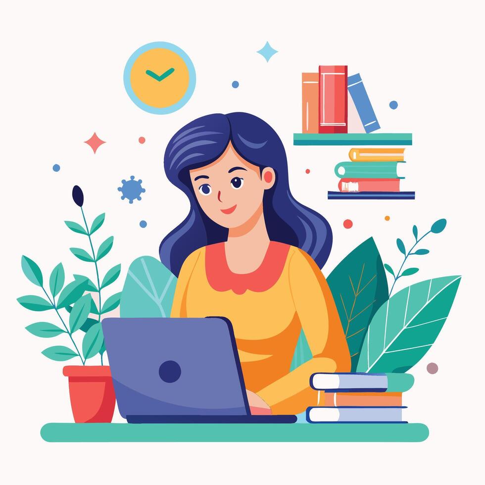 a woman is sitting at a desk with a laptop vector