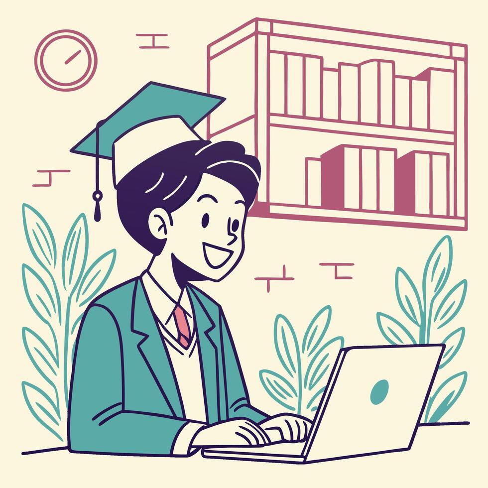 a man in a graduation cap is working on his laptop vector