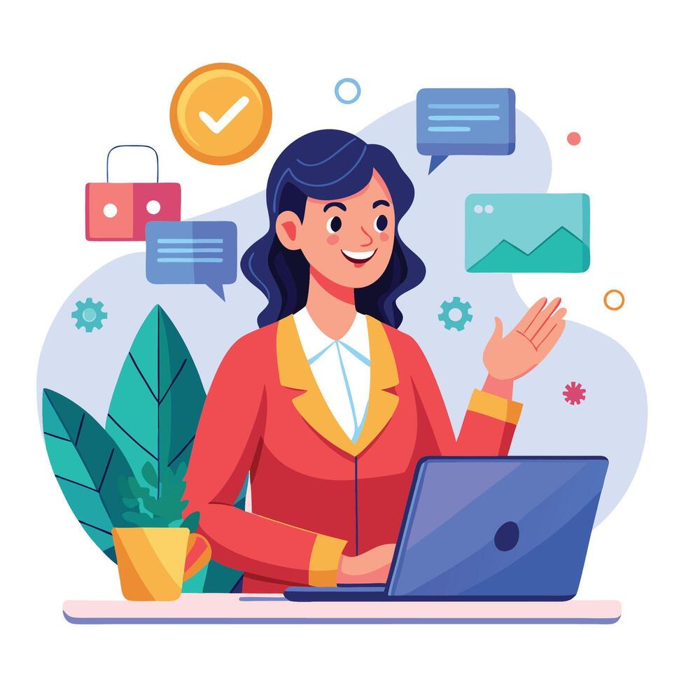 businesswoman working on laptop, social media icons, chat bubbles, icons, icons, icons, vector