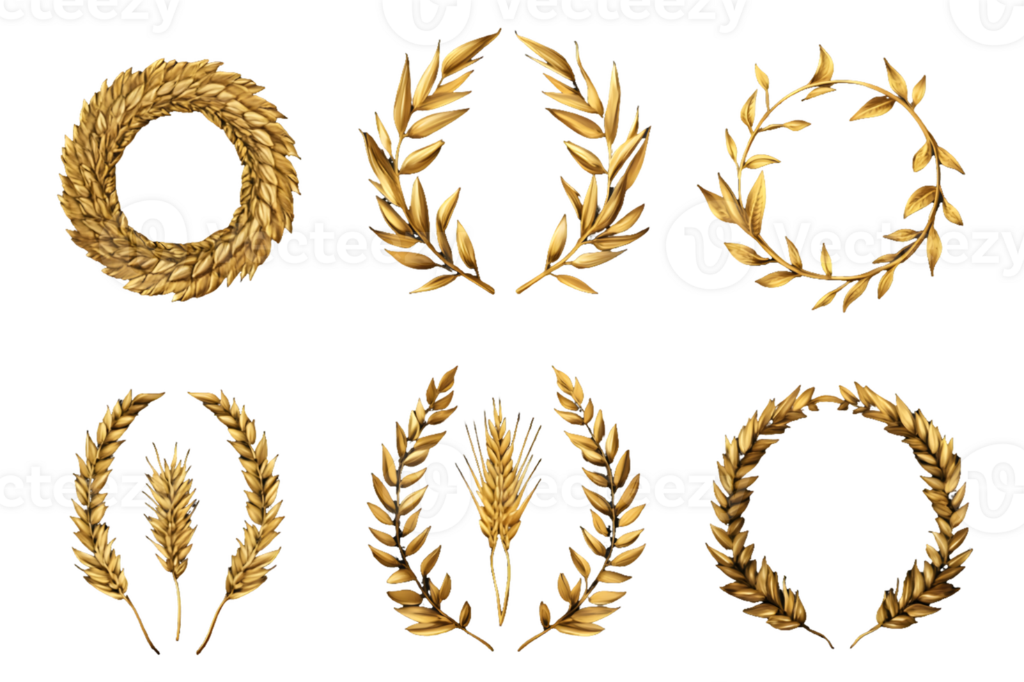 Collection of Golden Wheat and Olive Branch Wreaths png