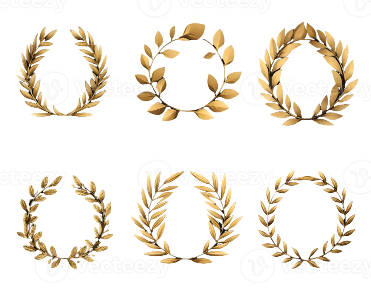Six Golden Laurel Wreaths Elegant Design Elements for Award and Celebration Designs png