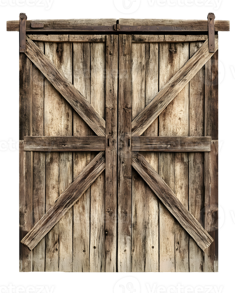 Rustic Weathered Wooden Barn Doors with X-shaped Design png