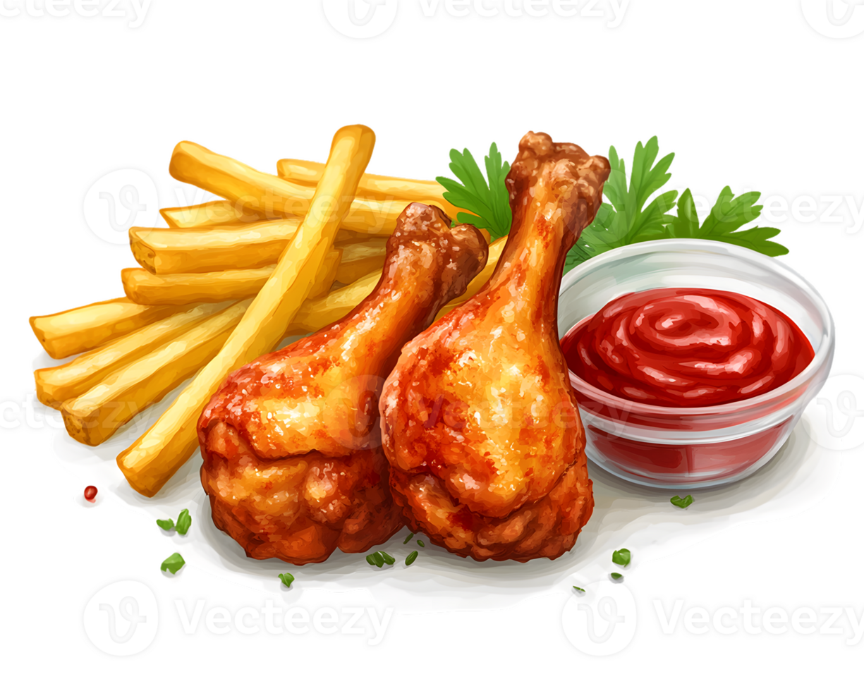 Crispy Fried Chicken Drumsticks with French Fries and Ketchup png