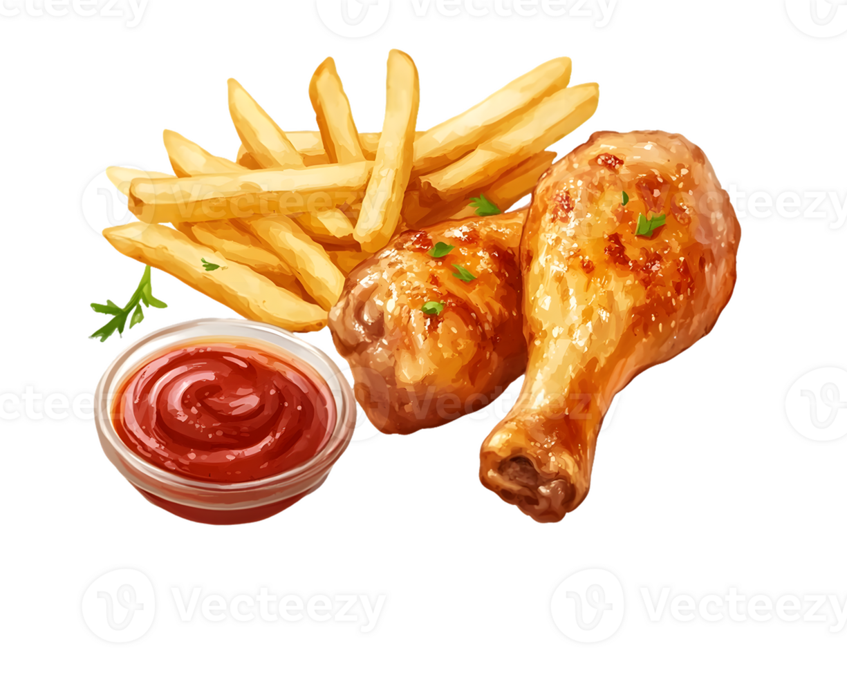 Roasted Chicken Drumsticks with French Fries Ketchup png