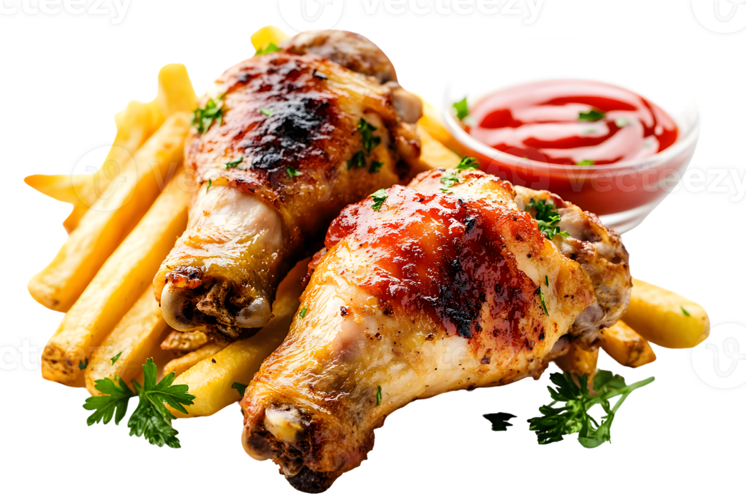 Roasted Chicken Drumsticks with French Fries and Ketchup png